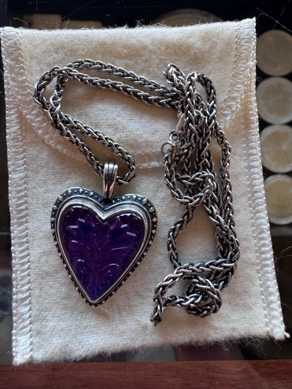 James Avery Sterling Silver Heart Pendant Necklace with Purple Glass Inlay